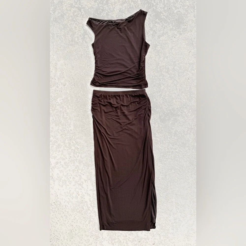 Womens Skirt Set Size S Dark Brown Long Maxi Sleeveless Lined Pull On Solid